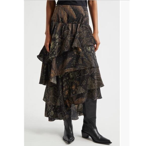 FARM Rio Dresses & Skirts - FARM RIO Golden Foliage Layered Asymmetrical Ruffle Maxi Skirt Medium